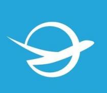 دائرة باللون الابيض غير مكتملة و في منتصفها طائرة باللون الابيض بشكل مميز, و الشكل على خلفية باللون الازرق