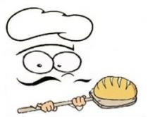 رسم على شكل خباز بقبعته وبعيونه وشاربه ويحمل بيده اداة ادخال الخبز للفرن ومحمول عليها فطيرة باللون الاصفر