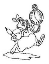 رسم كريكاتوري لارنب يركض يحمل بيده اليسرى ساعة دائرية الشكل مربوطة بسلسلة وفي يده اليمنى شمسية