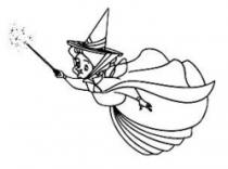 رسم كاريكاتوري لشخصية كرتونية تتمثل بامرأة تطير وترتدي قبعة وبيدها عصا سحرية