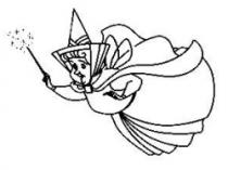 رسم كاريكاتوري لشخصية كرتونية تتمثل بامرأة تطير وتحاول التوقف وترتدي قبعة وبيدها عصا سحرية