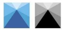 لمربع هندسي مقسم إلى قطوع مثلثة شعاعية متفاوتة المساحة باللون الأزرق بدرجات متفاوتة من الفاتح إلى الغامق وعلى اليمين ذات الشكل باللونيين الأبيض والأسود
