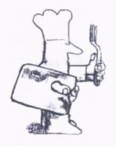 رسم طباخ بشكل كاريكاتوري خاص يلبس كيسا على راسه ويحمل شوكة بيدة