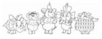 رسم كاريكاتوري لخمسة شخصيات كرتونية لحيوانات بأشكال وملابس مختلفة