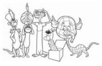 رسم كاريكاتوري لشخصيات كرتونية تمثل حيوانات بأشكال وملابس مختلفة