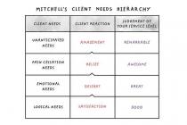 MITCHELL'S CLIENT NEEDS HIERARCHY CLIENT NEEDS CLIENT REACTION JUDGEMENT OF YOUR SERVICE LEVEL UNANTICIPATED NEEDS AMAZEMENT REMARKABLE PAIN CESSATION NEEDS RELIEF AWESOME EMOTIONAL NEEDS DELIGHT GREAT LOGICAL NEEDS SATISFACTION GOOD
