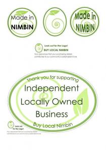 MADE IN NIMBIN LOOK OUT FOR THE LOGO! BUY LOCAL NIMBIN YOUR ASSURANCE THAT YOUR PURCHASING DOLLARS CONTRIBUTES TO OUR COMMUNITY'S SUSTAINABLE FUTURE THANK YOU FOR SUPPORTING INDEPENDENT LOCALLY OWNED BUSINESS BUY LOCAL NIMBIN
