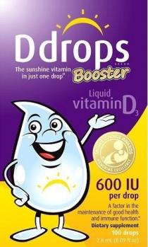 DDROPS BRAND THE SUNSHINE VITAMIN IN JUST ONE DROP BOOSTER LIQUID VITAMIN D3 MOM'S CHOICE AWARDS HONORING EXCELLENCE 600 IU PER DROP A FACTOR IN THE MAINTENANCE OF GOOD HEALTH AND IMMUNE FUNCTION.* DIETARY SUPPLEMENT 100 DROPS