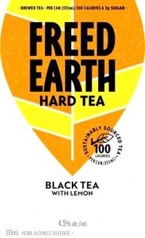 FREED EARTH HARD TEA BLACK TEA WITH LEMON BREWED TEA PER CAN (355ML) 100 CALORIES & 3G SUGAR SUSTAINABLY SOURCED TEA 100 CALORIES PER CAN (355ML) VODKA ALCOHOLIC BEVERAGE