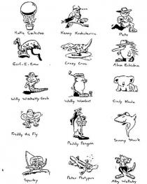 KATIE COCKATOO;KENNY KOOKABURRA;PETE;EARL-E-EMU;CRAZY CROC;ALVIN ECHIDNA;WILLY WITCHETTY GRUB;WALLY WOMBAT;CINDY KOALA;FREDDY THE FLY;PADDY PENGUIN;SAMMY SHARK;SPARKY;PETER PLATYPUS;ALBY WALLABY;THE HI-LIFE GANG