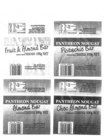 PANTHEON NOUGAT FRUIT & ALMOND BAR;PANTHEON NOUGAT PISTACHIO BAR;PANTHEON NOUGAT ALMOND BAR;PANTHEON NOUGAT CHOC ALMOND BAR