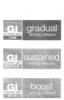 GI GLYCAEMIC INDEX LOW GRADUAL ENERGY RELEASE;GI GLYCAEMIC INDEX MEDIUM SUSTAINED ENERGY RELEASE;GI GLYCAEMIC INDEX HIGH BOOST ENERGY RELEASE