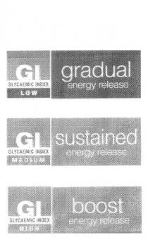 GI GLYCAEMIC INDEX LOW GRADUAL ENERGY RELEASE;GI GLYCAEMIC INDEX MEDIUM SUSTAINED ENERGY RELEASE;GI GLYCAEMIC INDEX HIGH BOOST ENERGY RELEASE