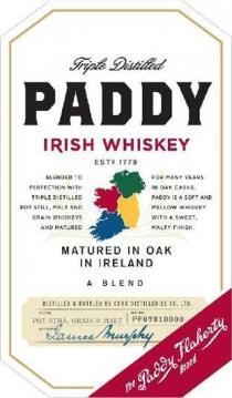 TRIPLE DISTILLED PADDY IRISH WHISKEY MATURED IN OAK IN IRELAND THE;PADDY FLAHERTY BRAND ESTD 1779 DISTILLED & BOTTLED BY CORK;DISTILLERIES CO. LTD JAMES MURPHY