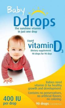 BABY DDROPS THE SUNSHINE VITAMIN IN JUST ONE DROP LIQUID VITAMIND3;DIETARY SUPPLEMENT 90 DROPS FOR 90 DAYS BABIES NEED VITAMON D FOR;HEALTHY GROWTH AND DEVELOPMENT. CONTAINS NO PRESERVATIVES, NO;ARTIFICIAL FLAVORS, NO COLORING. 90 DROPS 400 IU PER DROP