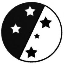 five pentagrams inside a circle with two equal yin yang halves