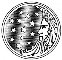 A fanciful representation of the man in the moon, enclosed within a circle studded with stars.