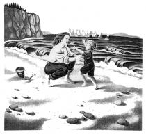 FEMME ET ENFANT AU BORD DE LA PLAGE DESSIN