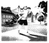 HOMME AVEC UN ENFANT SUR SES ÉPAULES
