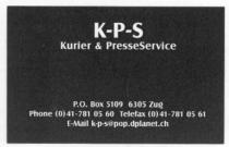 K-P-S Kurier & PresseService, P.O. Box 5109, 6305 Zug, Phone 41-781 05 60, Telefax (0)41-781 05 61, E-Mail k-p-s@pop.dplanet.ch