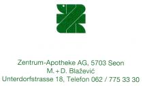 Zentrum-Apotheke AG, 5703 Seon M. + D. Blazevic Unterdorfstrasse 18, Telefon 062 / 775 33 30