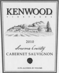 KENWOOD VINEYARDS 2010 Lonoma County CABERNET SAUVIGNON KV 13.5% ALCOHOL BY VOLUME