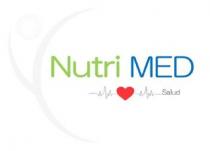 Logotipo de NutriMED Salud. A la izquierda hay dos figuras de arcos yun óvalo de color gris claro. Debajo hay un breve trazo de electrocardiograma y un pequeño corazón rojo.
