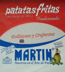 PATATAS FRITAS MARTÍN. MAESTROS EN EL ARTE DE FREÍR DESDE 1962 SIGUIENDO LA TRADICIÓN. CON ACEITE DE OLIVA, TRADICIONALES, DELICIOSAS Y CRUJIENTES. PRODUCTO ANDALUZ SIN CONSERVANTES, SIN COLORANTE, SIN ADITIVOS, SIN GLUTEN