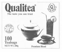 Qualitea The taste you can trust Q THE WORLD LEADER METAL FREE 100% HYGENIC 100 Teabags NETT WT. 200g Premium Blend