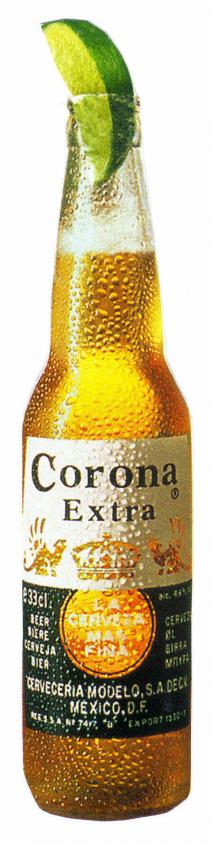 Corona extra e33cl. BEER BIERE CERVEJA BIER LA CERVEZA MAS FINA CERVEZA ØL BIRRA CERVECERIA MODELO, S.A.. DECV. MEXICO, D.F.