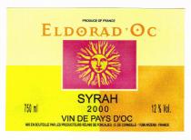 PRODUCE OF FRANCE ELDORAD'OC SYRAH 750 ml 2000 12% vol VIN DE PAYS D'OC mis en bouteille par les producteurs réunis de Foncalieu-D. de corneille 11290 Arzens France