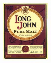 LONG JOHN PURE MALT Produce of Scotland AN AUTHENTIC PURE MALT FROM THE HEARTLANDS OF SCOTLAND ORIGINAL NOBLE SCOTCH WHISKY