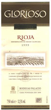 GLORIOSO CRIANZA RIOJA DENOMINACION DE ORIGEN CALIFICADA 1999 BODEGAS PALACIO
