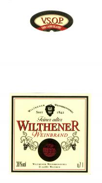 Feiner alter WILTHENER WEINBRAND V.S.O. P. ÜBER 3 JAHRE GELAGERT WILTHENER WEINBRENNEREI SEIT 1842 36% vol Wilthener Weinbrennerei D-02681 Wilthen 0,7 l