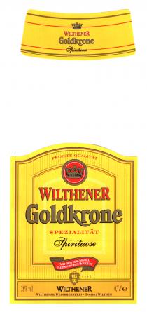 WILTHENER Goldkrone Spirituose FEINSTE QUALITÄT WILTHENER Goldkrone SPEZIALITÄT Spirituose MIT DEM GENUSSVOLL HARMONISCHEN BOUQUET SEIT 1842 WW 28% vol WILTHENER 0,7l e WILTHENER WEINBRENNEREI . D-02681 WILTHEN