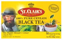 ST.CLAIR'S Since 1875 GARDEN FRESH 100% PURE CEYLON BLACK TEA The Master Blender's Choice James W Ryan Founder St. Clair's Tea Plantation 50 String & Tag Tea Bags (50x2.5g) Net Wt:125g/ 4.4 oz