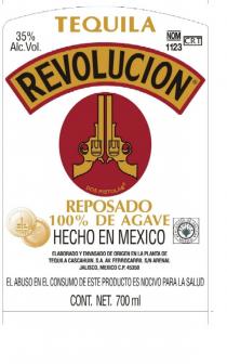 TEQUILA REVOLUCION REPOSADO 100% DE AGAVE HECHO EN MEXICO ELABORADO Y ENVASADO DE ORIGEN EN LA PLANTA DE TEQUILA CASCAHUIN. S.A. AV.FERROCARRIL. S/N ARENAL JALISCO, MEXICO C.P. 45350 EL ABUSO EN EL CONSUMO DE ESTE PRODUCTO ES NOCIVO PARA LA SALUD.