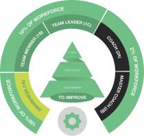 100% OF WORKFORCE, 10% OF WORKFORCE, 2% OF WORKORCE, AWARENESS (1A), TEAM MEMBER (1B), TEAM LEADER (1C), COACH (2A), MASTER COACH (2B), Coach, Team leader, Team Member, TO IMPROVE