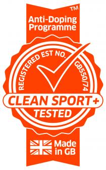 CLEAN SPORT+TESTED Anti Doping Programme REGISTERED EST N0. GB550/74 MADE IN GB