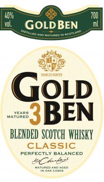40% GOLD BEN DISTILLED AND MATURED IN SCOTLAND VOL. 700 ML C H CHARLES HUNTER 3 YEARS MATURED BLENDED SCOTCH WHISKY CLASSIC PERFECTLY BALANCED BY CHARLEY´S MATURED AND AGED IN OAK CASKS