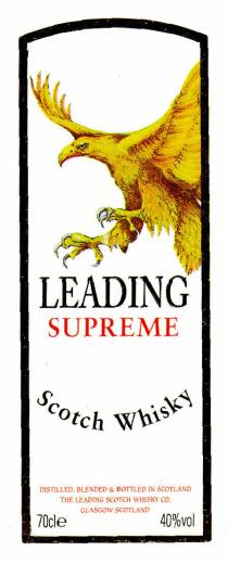 LEADING SUPREME Scotch Whisky DISTILLED, BLENDED & BOTTLED IN SCOTLAND THE LEADING SCOTCH WHISKY CO. GLASGOW SCOTLAND 70cle 40%vol