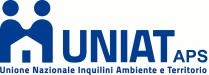 Uniat Unione Nazionale Inquilini Ambiente e Territorio APS con immagine di una casa situata al centro di due figure umane stilizzate che si abbracciano.