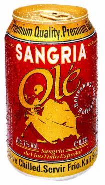 SANGRIA Olé Premium Quality. Premium Refreshing- Refrescante- Alc. 7% Vol. e0,33l. Sangría de Vino Tinto Español Serve Chilled. Servir Frío. Kalt
