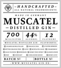 handcrafted all natural ingredients made in Germany muscatel distilled gin 700 milliliter 44% alcohol 12 flavours flavourful gelber muskateller orange peel juniper berries bitter orange peel love muscatel sage chamomile sage flower ribgrass some te