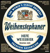 The world's oldest brewery Weihenstephaner Hefe Weissbier Bavarian style Premium Bavaricum Brewed under the purity law of 1516 5,4% Alc/Vol Store dark and keep cool Brewed & bottled by Bayerische Staatsbrauerei Weihenstephan, Freising, Germany Ale co