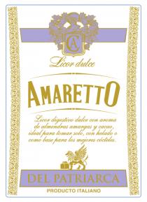 CA Licor dulce Amaretto del patriarca Producto italiano Licor digestivo dulce con aroma de almendras amargas y cacao, ideal para tomar solo, con helado o como base para los mejores cócteles