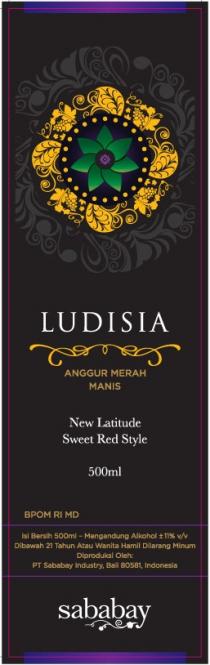 LUDISIA ANGGUR MERAH MANIS New Latitude Sweet Red Style 500ml BPOM RI MD lsi Berslh 500ml - Mengandung Alkohol 11% v/v Dibawah 21 Tahun Atau Wanita Hamll Dilarang Minum Diproduksl Oleh PT Sababay Industry, Ba 80581, Indonesia sababay