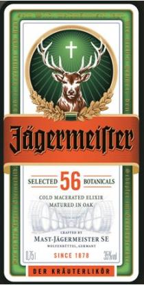 Jagermeister SELECTED 56 BOTANICALS COLD MACERATED ELIXIR MATURED IN OAK CRAFTED BY MAST-JAGERMEISTER SE WOLFENBUTTEL GERMANY 0.75l SINCE 1878 35% DER KRAUTERLIKOR