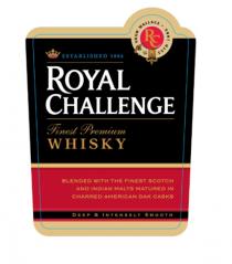 SHAW WALLACE ESTD 1886 RC ESTABLISHED 1886 ROYAL CHALLENGE Finest Premium WHISKY BLENDED WITH THE FINEST SCOTCH AND INDIAN MALTS MATURED IN CHARRED AMERCIAN OAK CASKS DEEP & INTENSELY SMOOTH