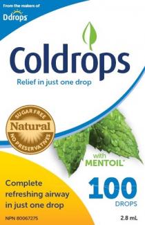 From the makers of Ddrops Coldrops Relief in just one drop SUGAR FREE Natural NO PRESERVATIVES Complete refreshing airway in just one drop NPN 80067275 with MENTOIL 100 DROPS 2.8mL
